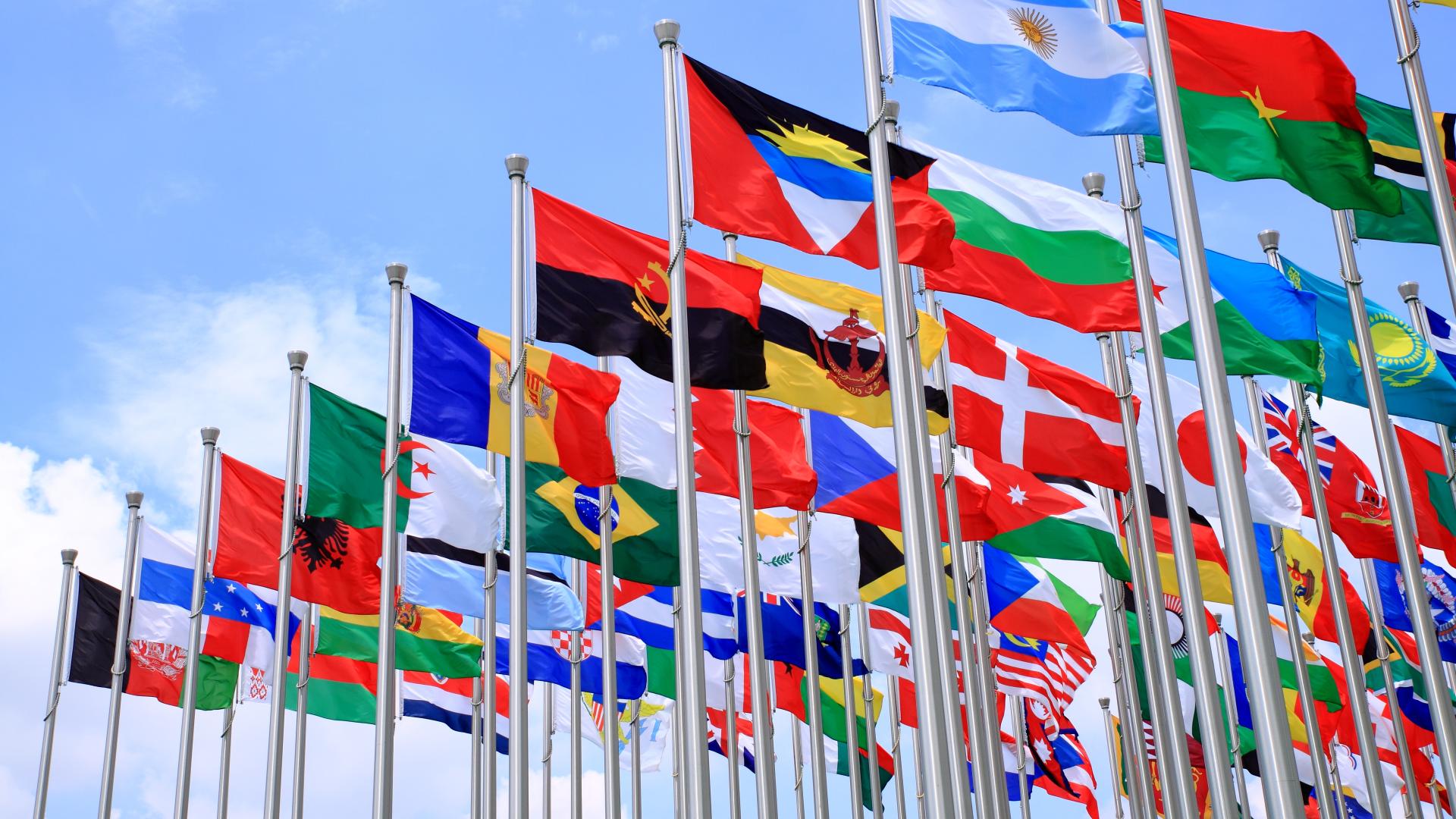 flags from around the world on flagpoles