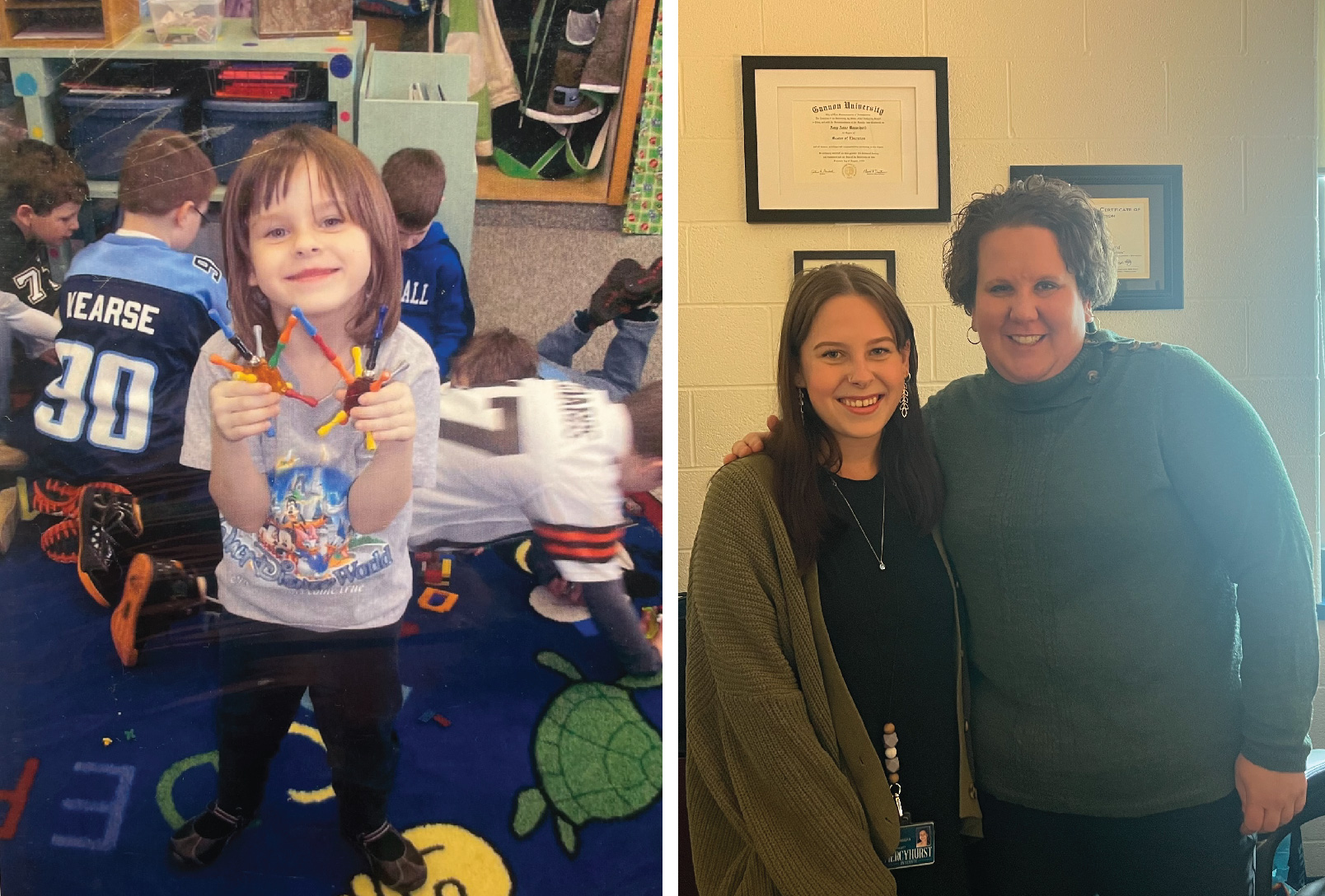 Shelby Porter as a first grader; Shelby as a Mercyhurst junior meeting with her longtime favorite teacher, Amy Bauschard.