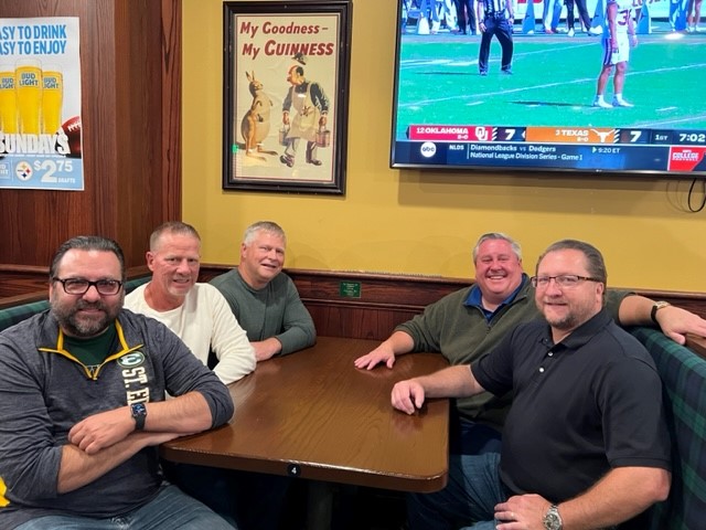 Enjoying time together during Homecoming at The Roost are, from left, Tony Prusak, Eric Seggi, Jon Hilburger, Bill Hogan, and Rick Yarosz.