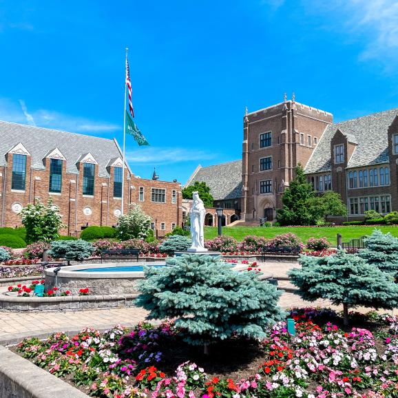 Mary garden with hammermill library and old main in background