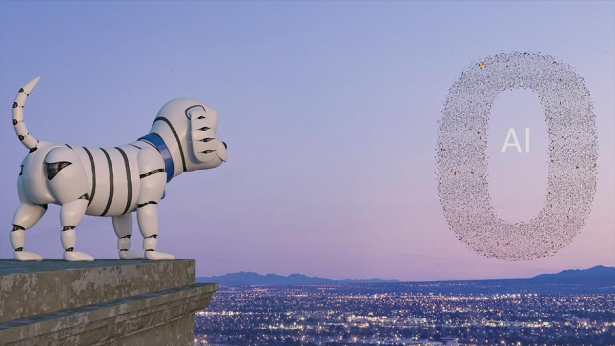 Robot dog overlooking city skyline and cluster of AI floating in the sky