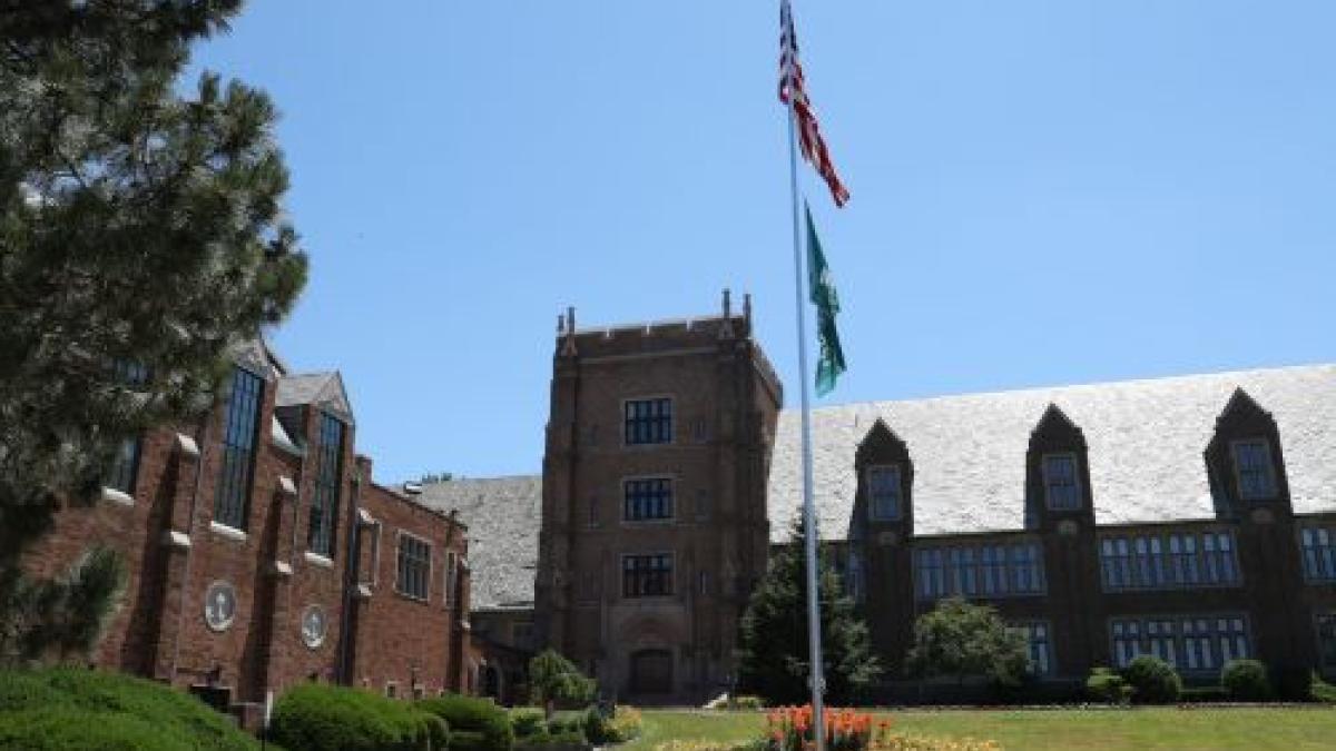 Mercyhurst University Old Main and flag pole