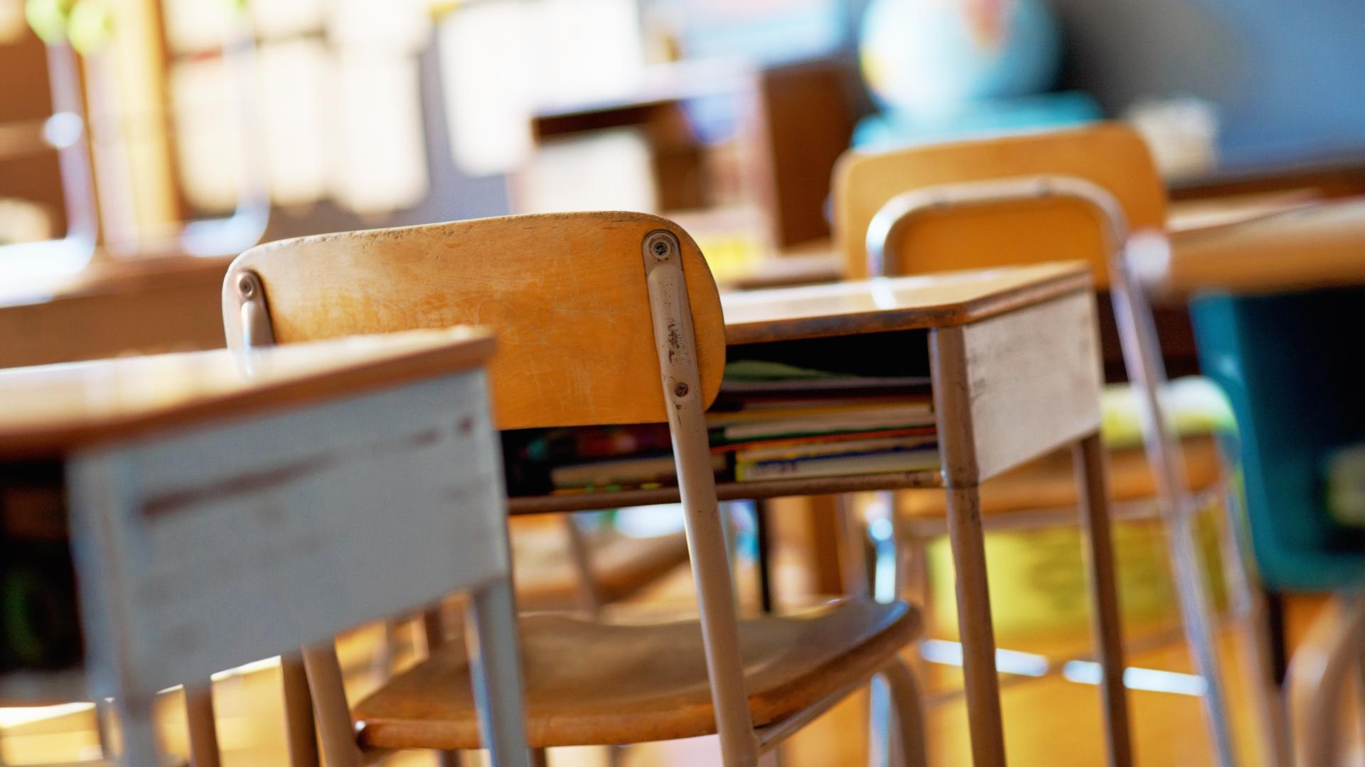 Close up photo of classroom desks.