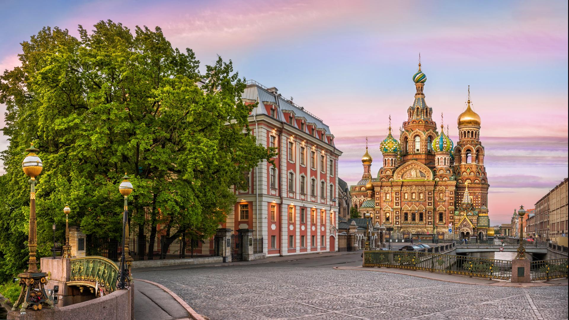 a cobblestone street near the Cathedral of the Savior on Spilled Blood in Russia