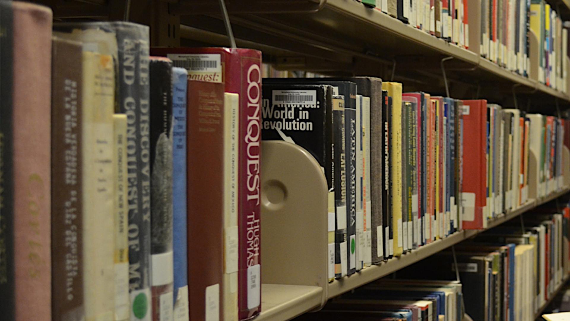 Stack of books in Mercyhurst Library