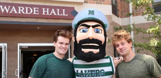 Luke The Laker in front of student housing