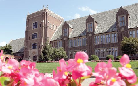 Wide shot of the Old Main building on Mercyhurst campus