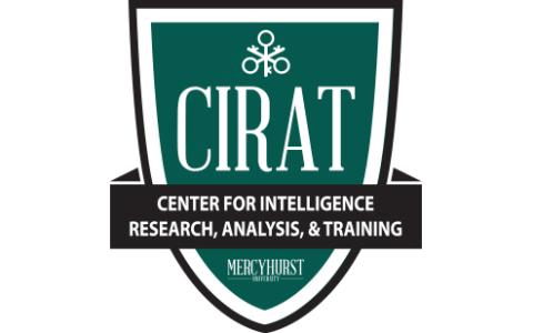 Green badge with CIRAT printed in large letters, wrapped in black banner that reads Center for Intelligence Research, Analysis, & Training, as well as the Mercyhurst Logo underneath it