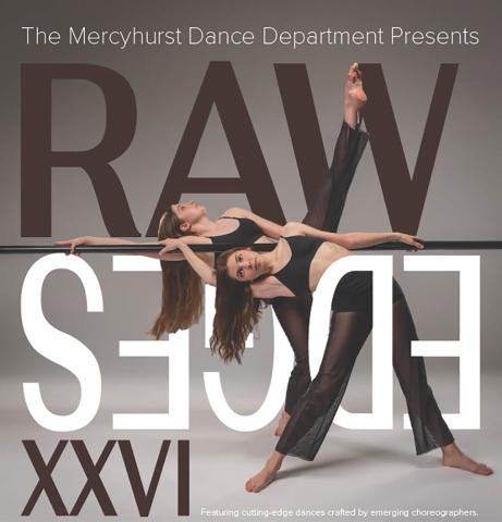Raw Edges XXVI poster: Two female dancers stretching over barre