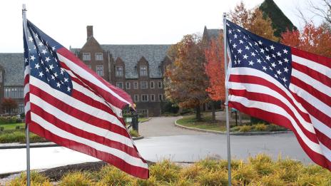 Flags in front of Old Main outside for Celebration of Valor