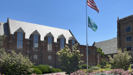 Mercyhurst University Old Main and flagpole