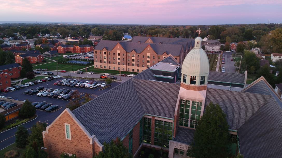 audrey hirt academic center drone at sunset