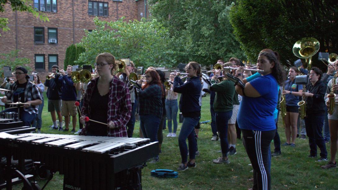 Marching band playing during homecoming festivities