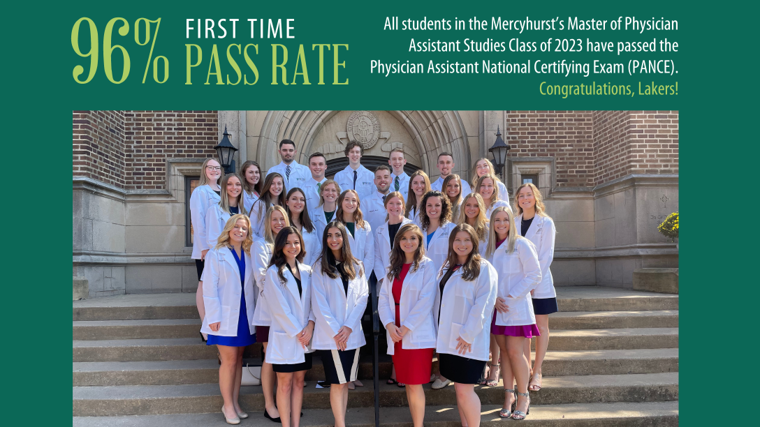 96% FIRST TIME PASS RATE All students in the Mercyhurst’s Master of Physician Assistant Studies Class of 2023 have passed the Physician Assistant National Certifying Exam (PANCE). Congratulations, Lakers!