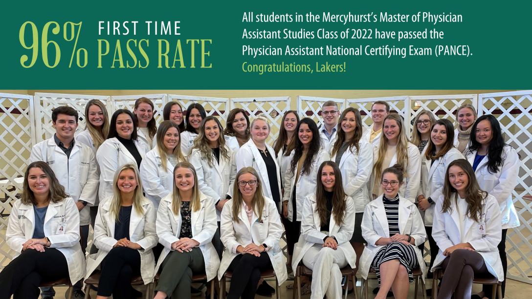 96% FIRST TIME PASS RATE All students in the Mercyhurst’s Master of Physician Assistant Studies Class of 2023 have passed the Physician Assistant National Certifying Exam (PANCE). Congratulations, Lakers!